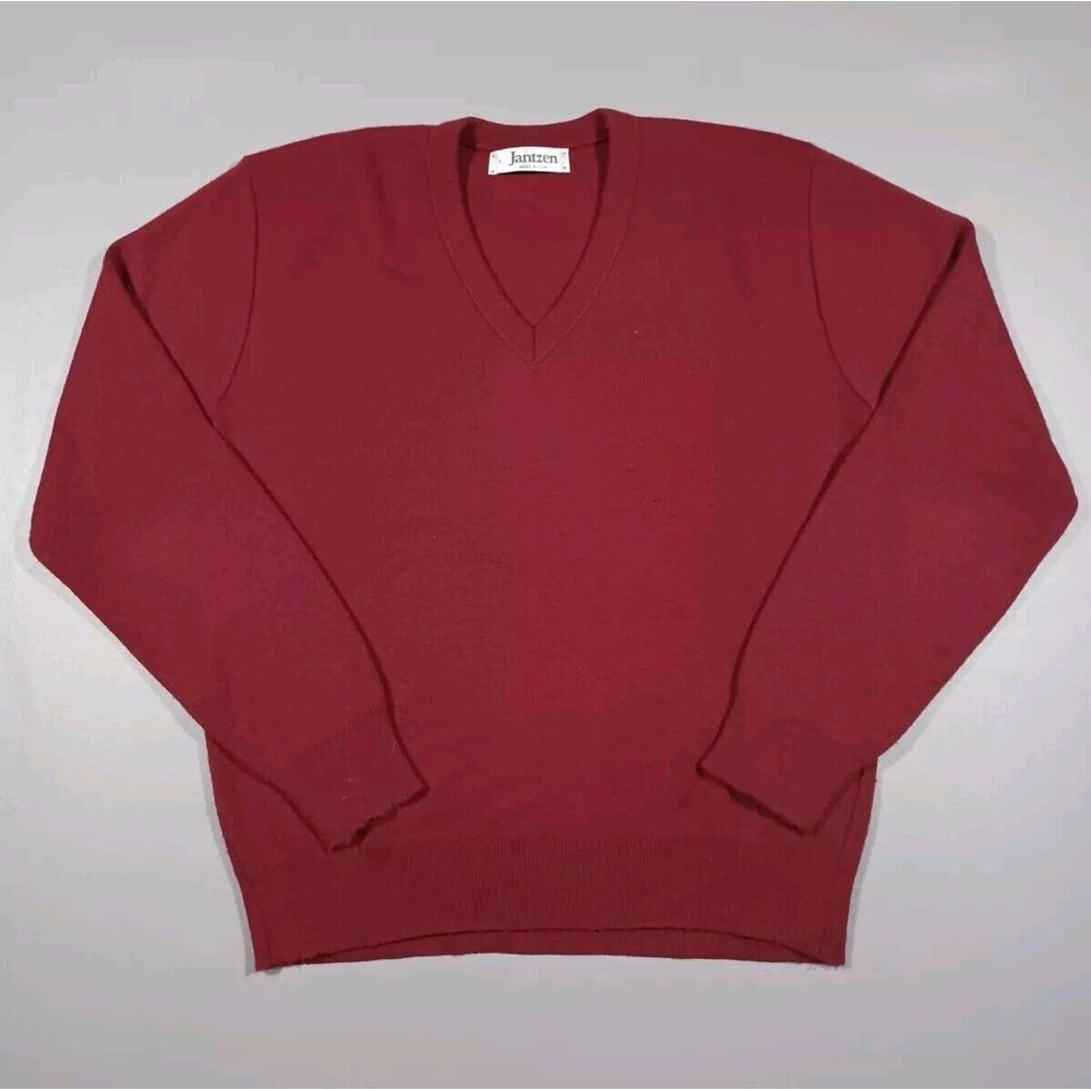 Jantzen Sweater Mens L Maroon V Neck Pullover Made‎ In USA Vintage